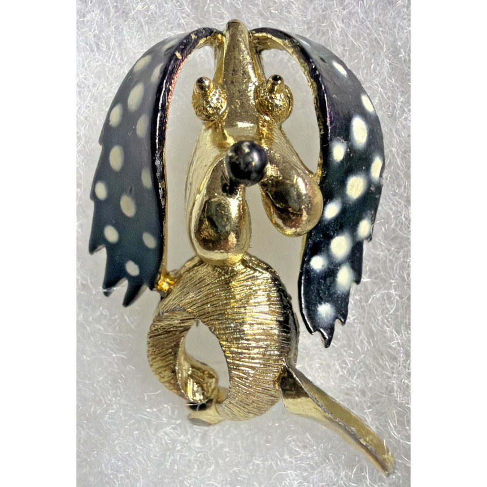 Vtg Gold Tone Metal Prancing Dancing Poodle Dog Brooch Polka Dot Painted Enamel